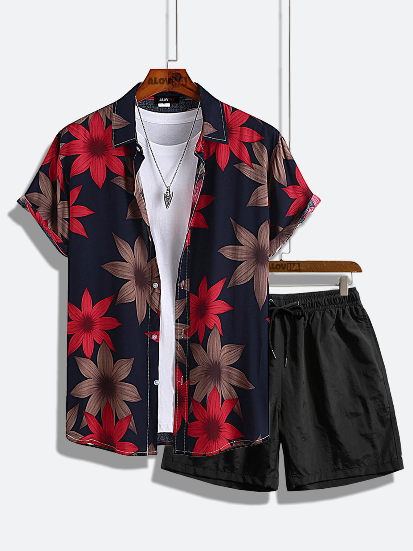 AYZITKA Kırmızı Çiçek Desenli Gömlek Şort Seti